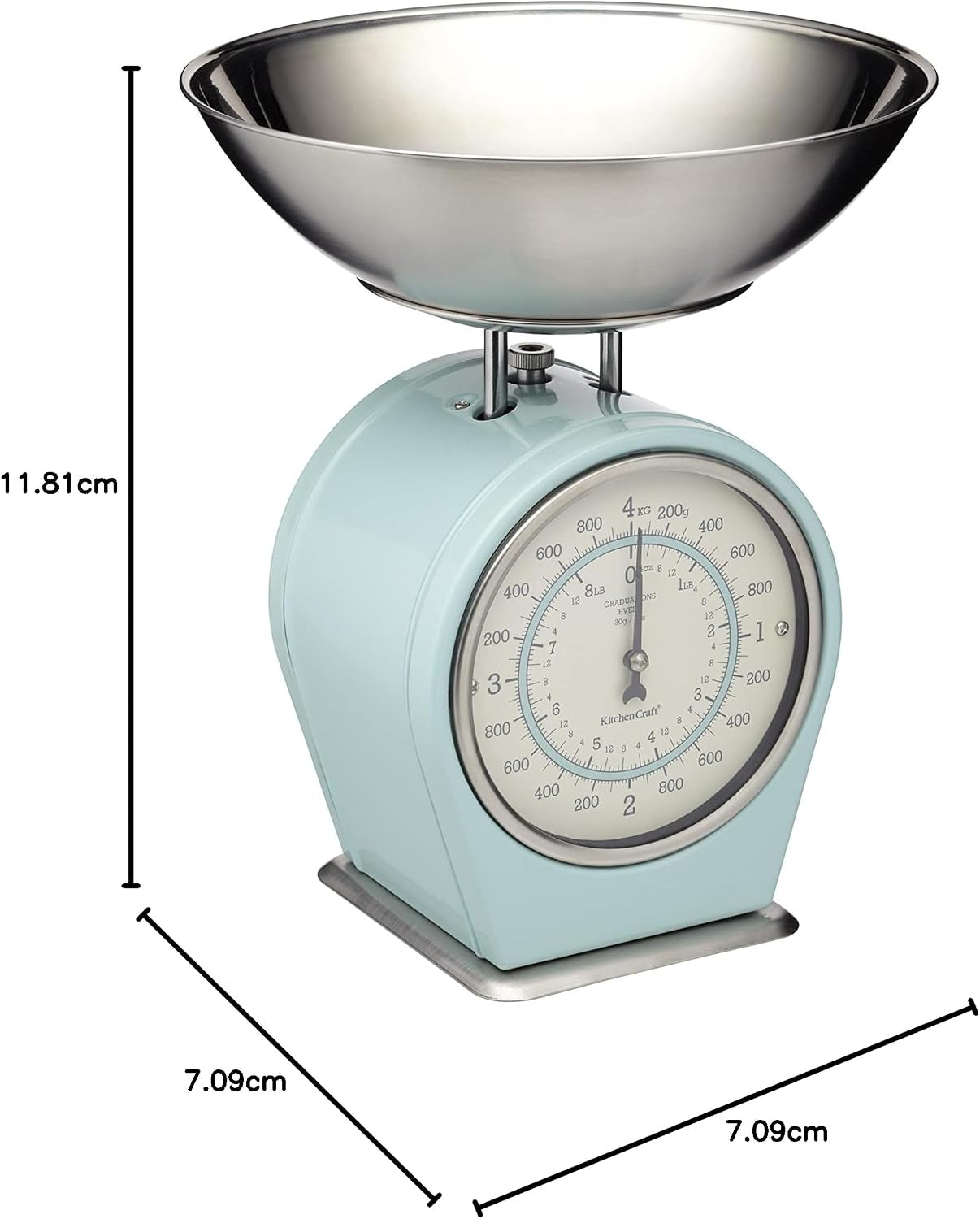 Living Nostalgia Mechanical Kitchen Scale with Bowl in Gift Box, Scale Made of Cast Iron with Acacia Wood Stand, Vintage Blue