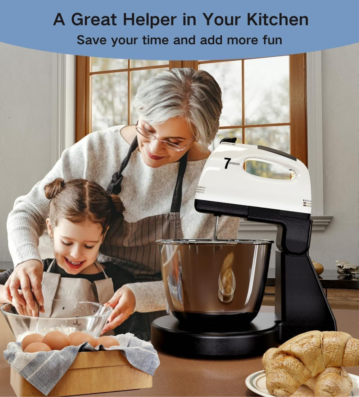 Stand Mixers, 7 Speeds with 3QT Stainless Steel Bowl, Stand and Hand Mixer with Dough Hook, Whisk, Mixing Beater for Baking, Cake, Cookie, Kneading (HP1)