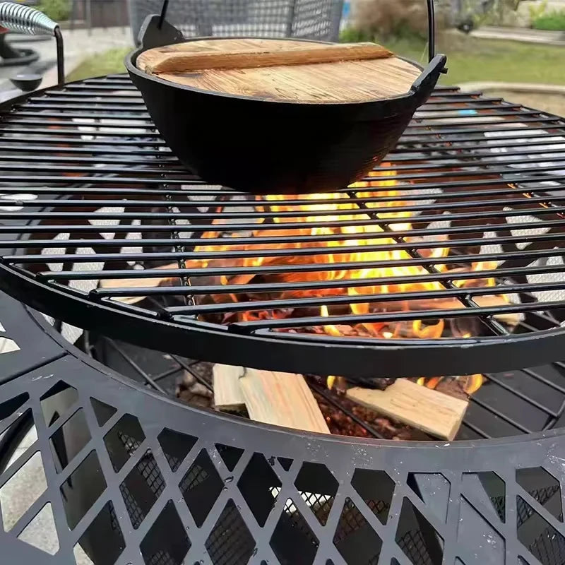 Charcoal Grill & Patio Heater 2-In-1,Area for 8-10 People, Heavy Duty Black Steel Fire Pit with Wheels, Outdoor BBQ