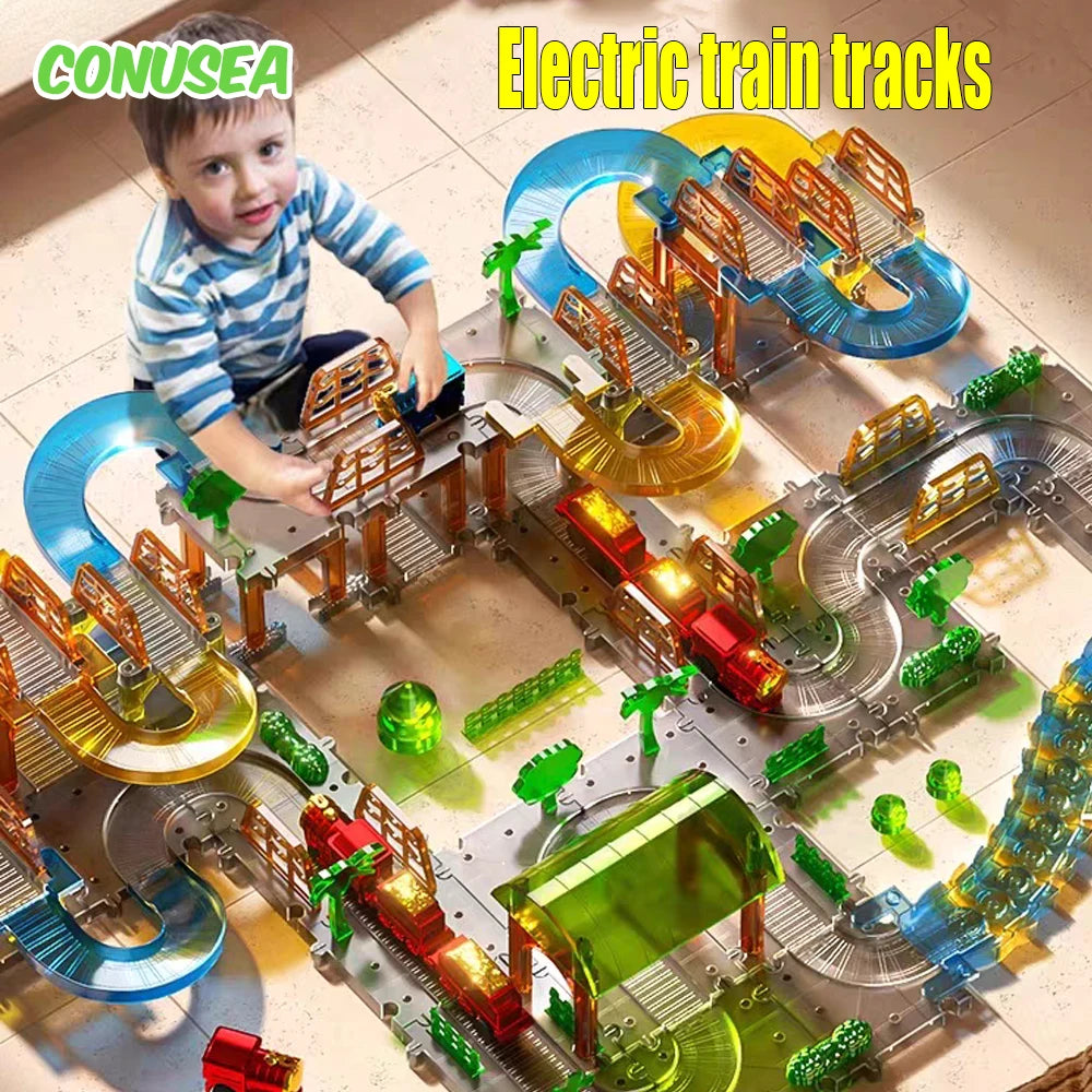 Electric Train Tracks Toys Splicing Track Trains Transparent Electric Toy Puzzle Assembly Kid Toys City Games Birthday Gifts Boy