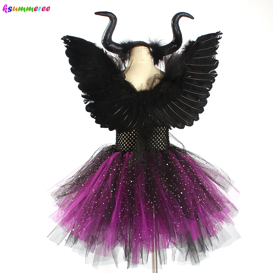 Glittery Black & Purple Kids Evil Witch Tutu Dress Girls Dark Fairy Witch Tutu Halloween Cosplay Costume with Horns and Wings
