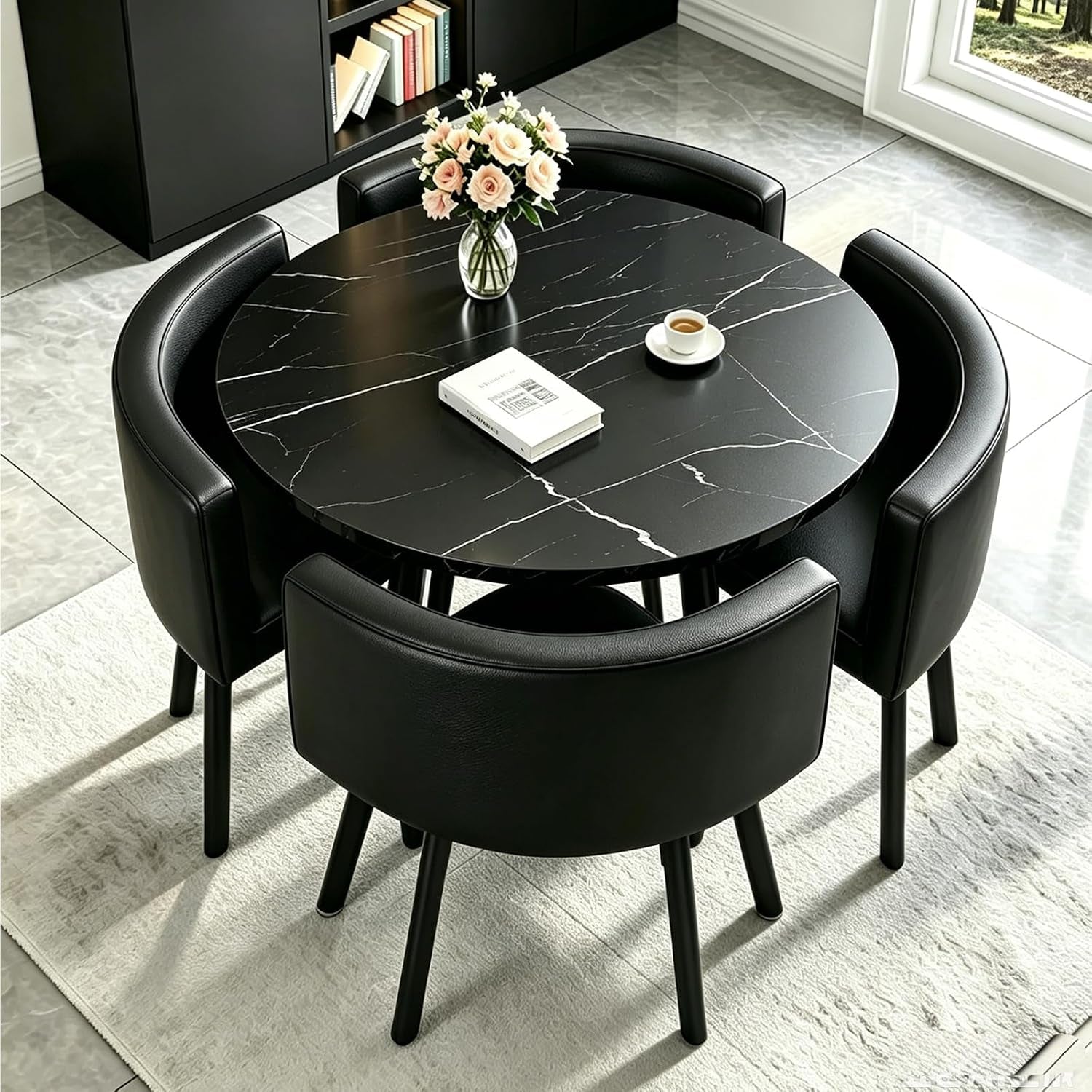 Dining Table and Chairs Set 4, Modern Wooden Small Kitchen Dining Table with 4 Faux Leather Chairs for Small Space Home Apartment, Living Room Office