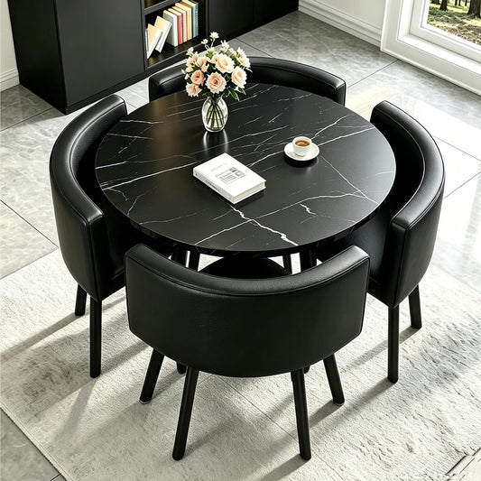Dining Table and Chairs Set 4, Modern Wooden Small Kitchen Dining Table with 4 Faux Leather Chairs for Small Space Home Apartment, Living Room Office