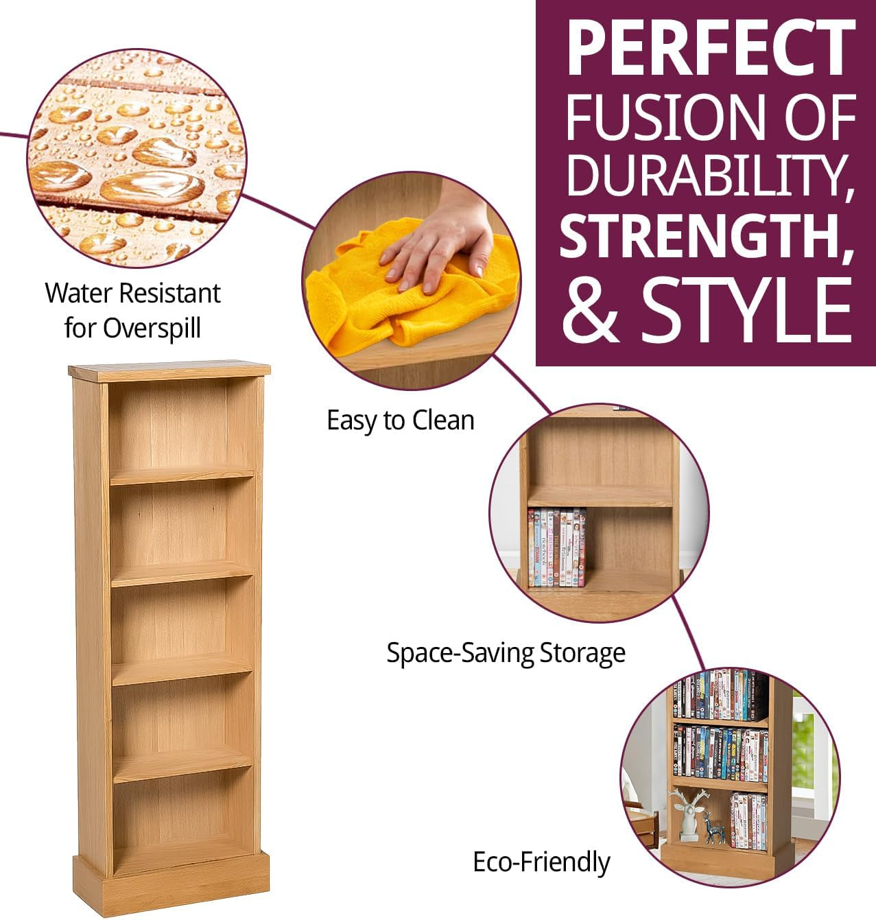 Waverly Solid Wooden Oak DVD Storage Cabinet 5-Tier | Brown Solid Wood DVD Rack Holds 120 Dvds, Media CD Shelf Unit, Light Oak Furniture for Living Room, Office Use or Hallway