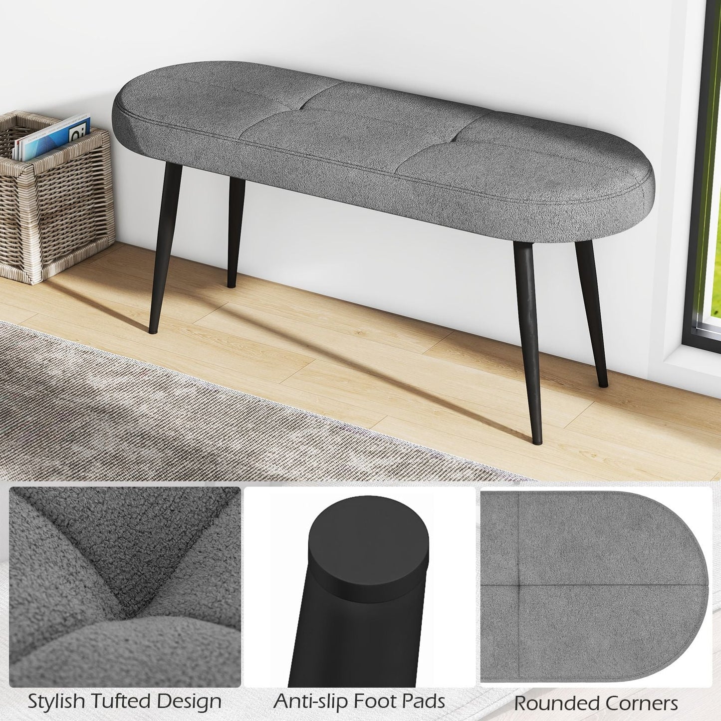 113 Cm Ottoman Bench with Sponge Padded Cushion for Entryway Living Room Foyer