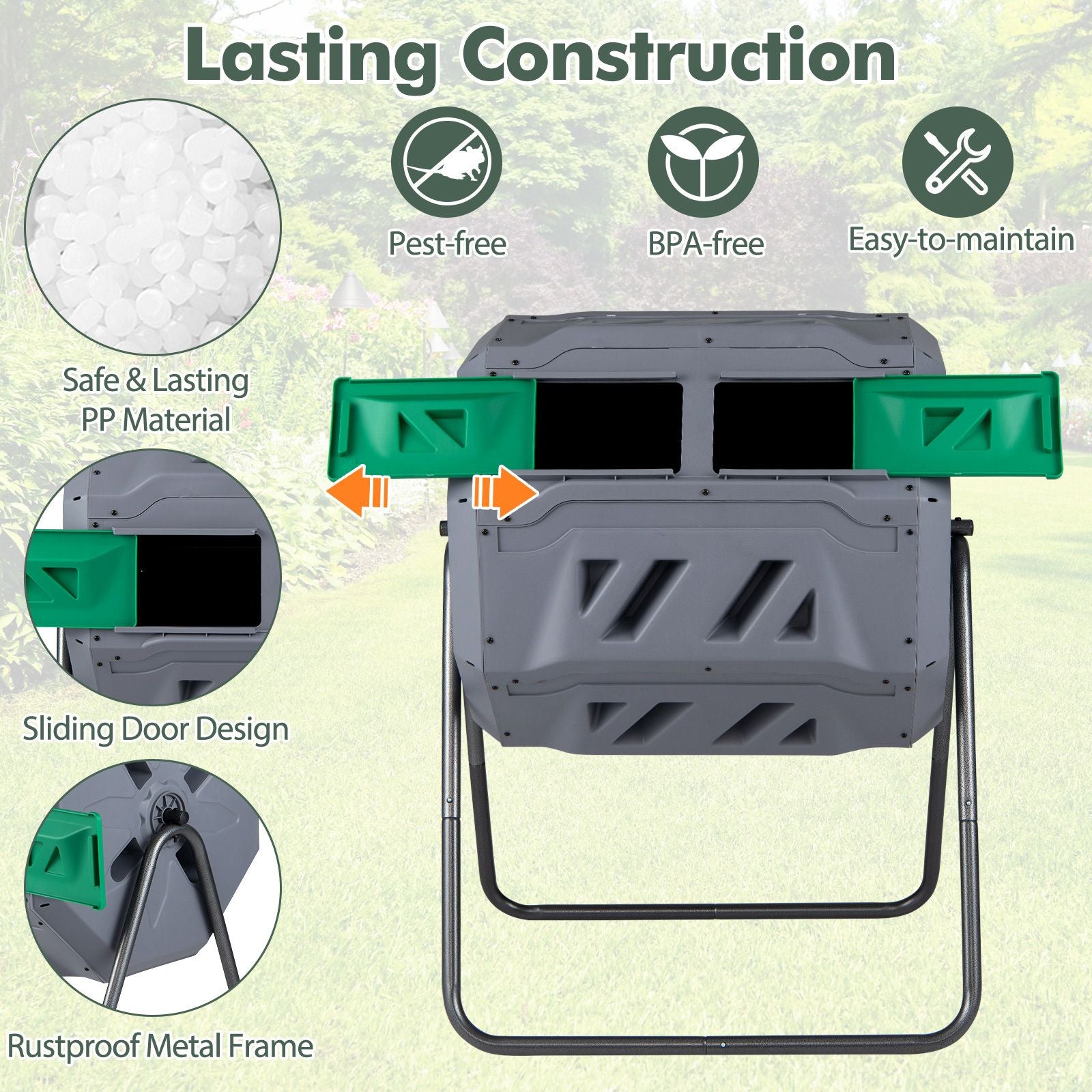Compost Bin 160L Dual Chamber Composting Tumbler with Sliding Doors