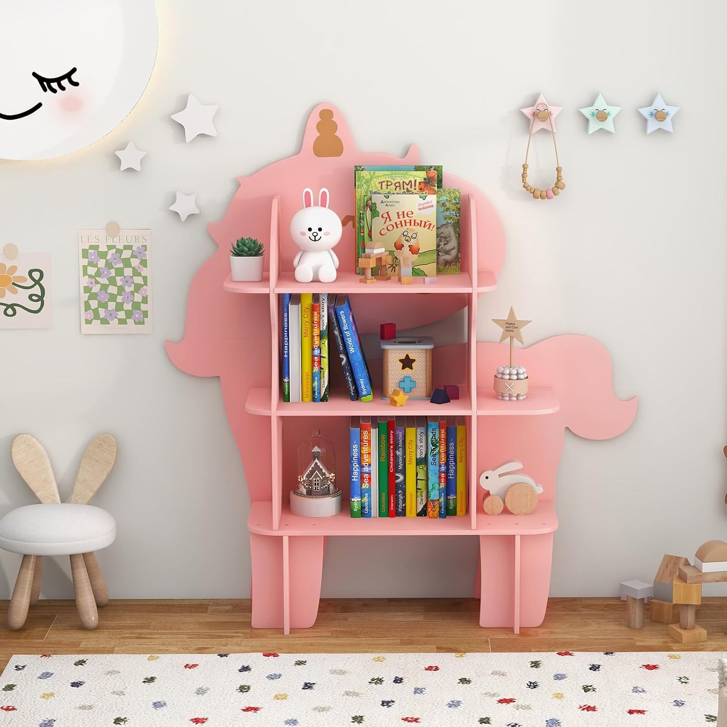 Children Bookcase, Cute Toy Storage Unit with Open Shelves, Wooden Toddler Bookshelf Organizer for Kids Room, Play Room, Nursery (Unicorn)