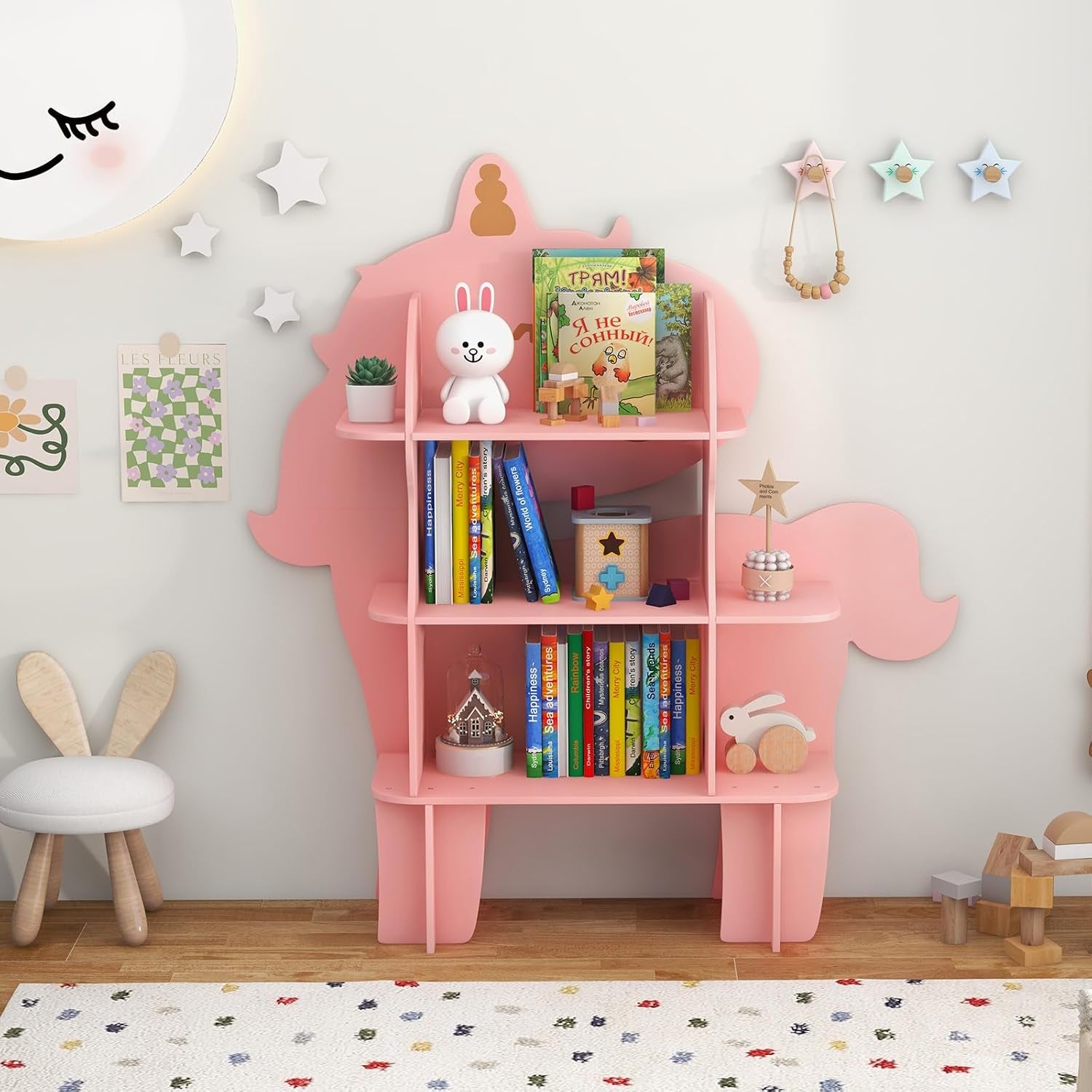 Children Bookcase, Cute Toy Storage Unit with Open Shelves, Wooden Toddler Bookshelf Organizer for Kids Room, Play Room, Nursery (Unicorn)