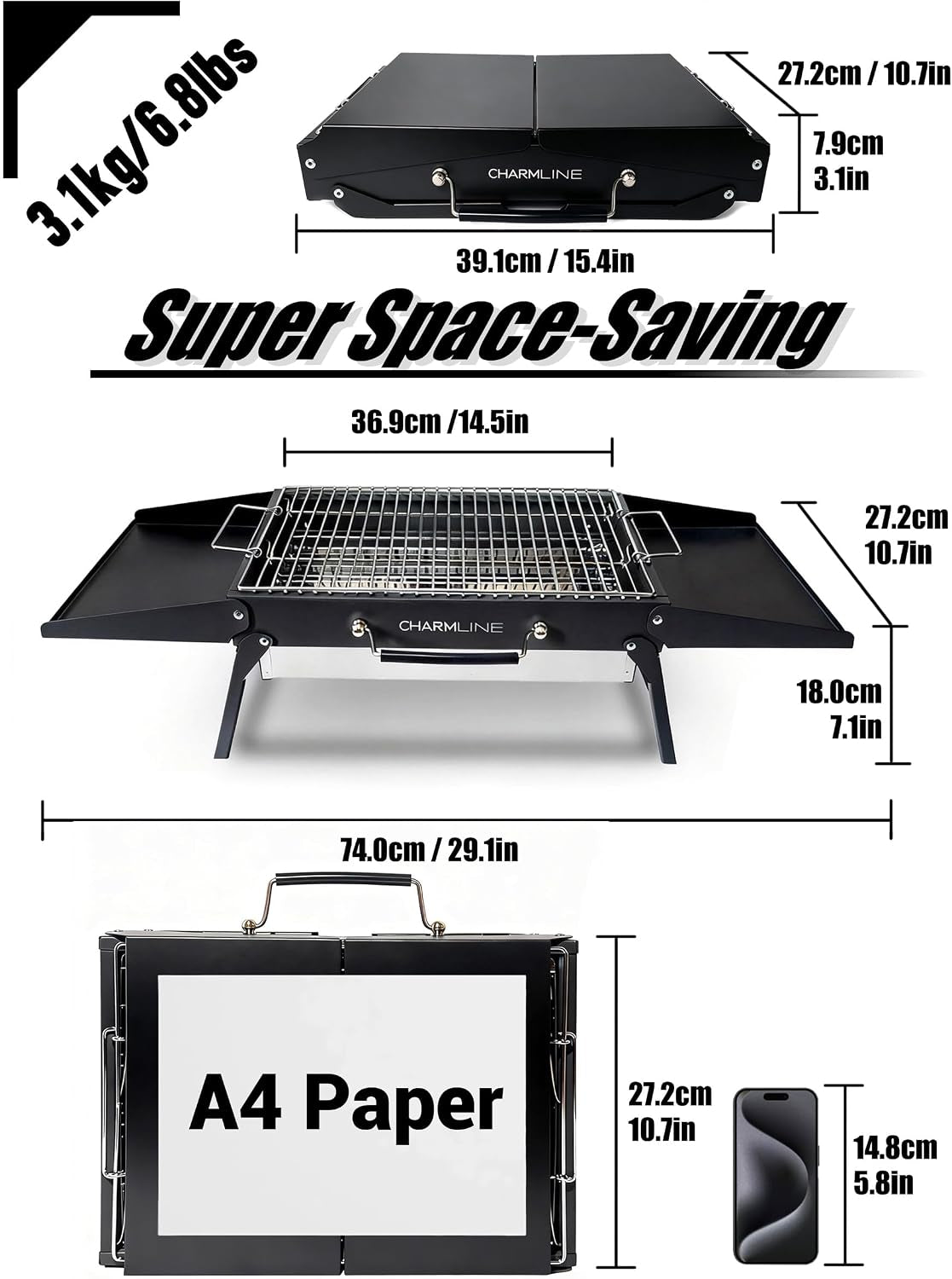 39 X 27 Cm Foldable Portable Charcoal BBQ Grill, Camping BBQ Grill for 2–4 People, Ideal for Camping, Garden, Beach, Picnic & Tabletop Use, Black