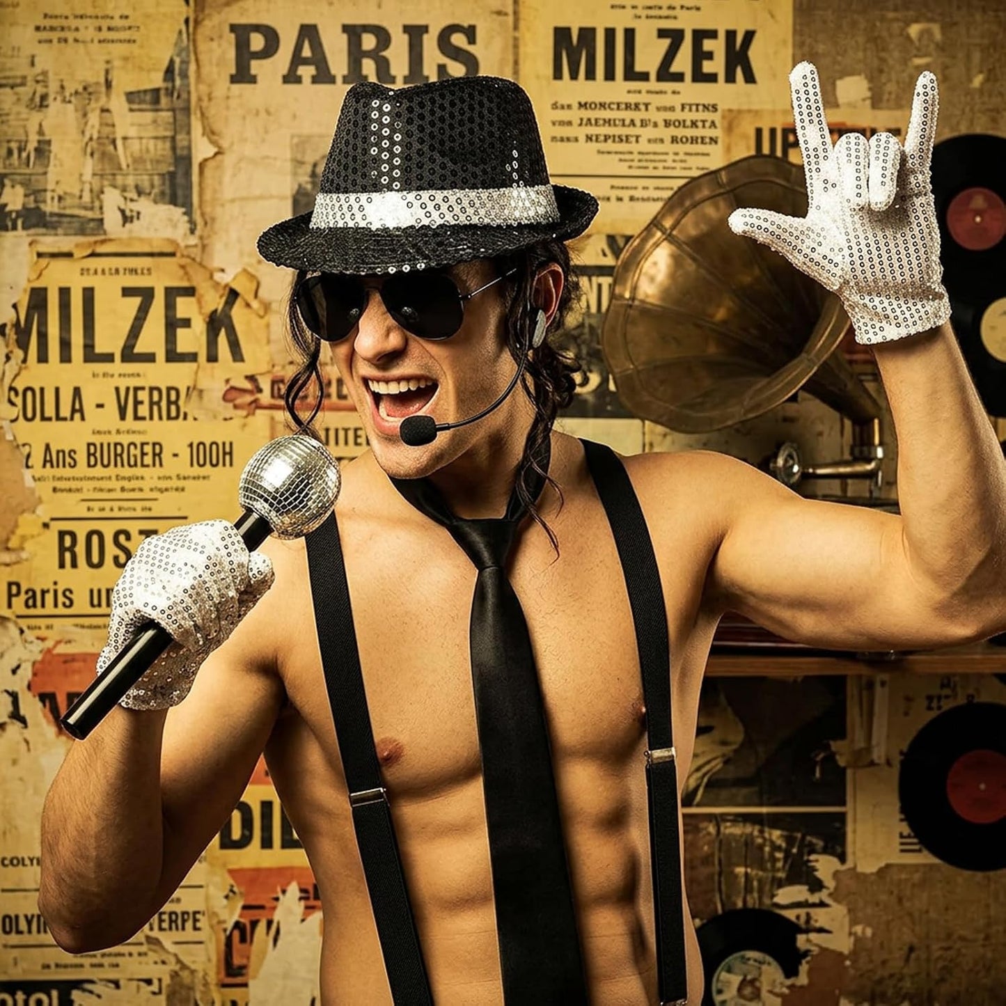 MJ Costume, 80S Fancy Dress Men, 7Pcs Disco Clothing Set Halloween Costumes, with Hat, Glasses, Tie, Microphone, Headset, Suspenders and Gloves