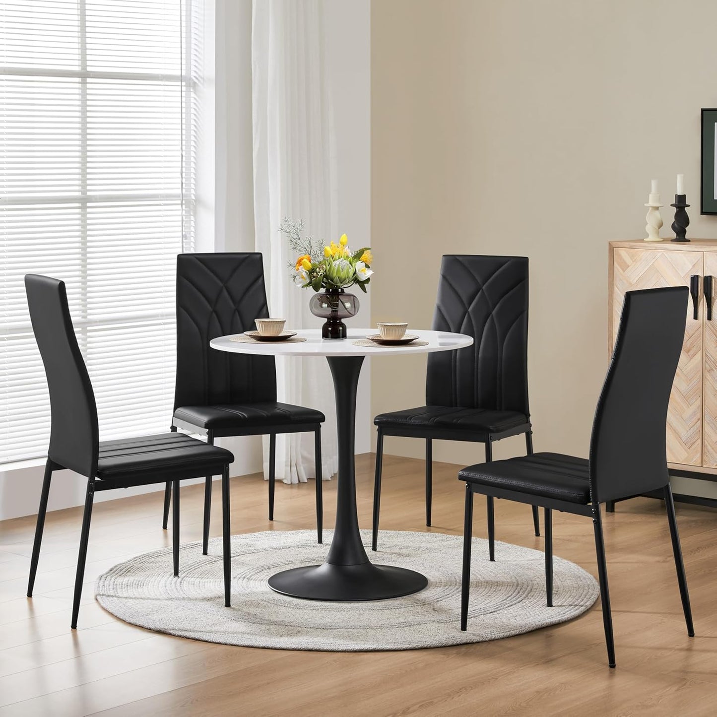 4Pcs Dining Chairs High Back PU Leather Petal Back Chairs Black | Upholstered Kitchen Chairs, Mid-Century Modern Armless Side Chairs with Sturdy Metal Legs for Dining Room Counter Kitchen