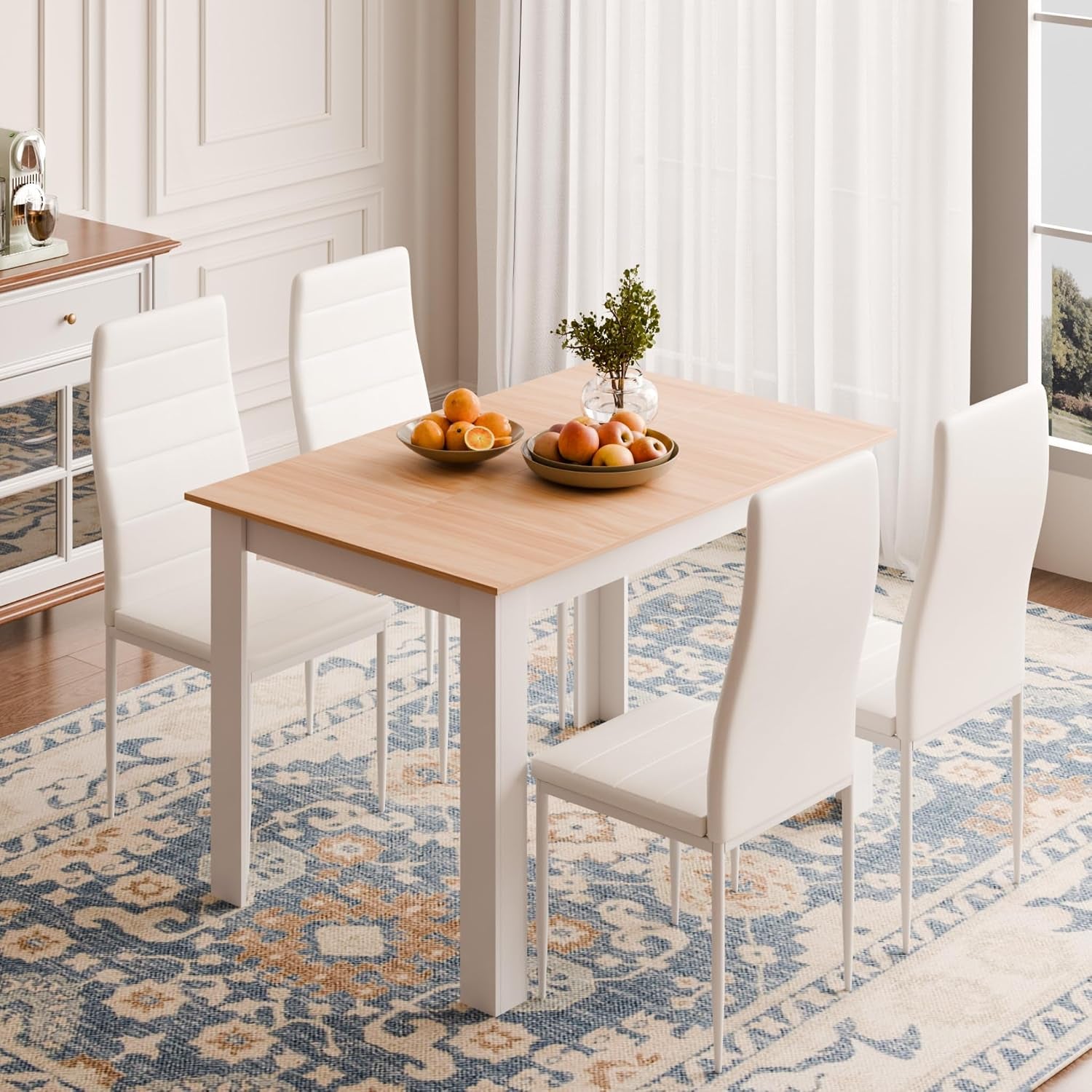 Dining Table and Chairs Set 4, 120X80X75Cm, for Kitchen Home Office | 4 Seater Table and Chairs Set Dining Room Sets High Back Faux Leather Chair, Oak Table and White Chairs