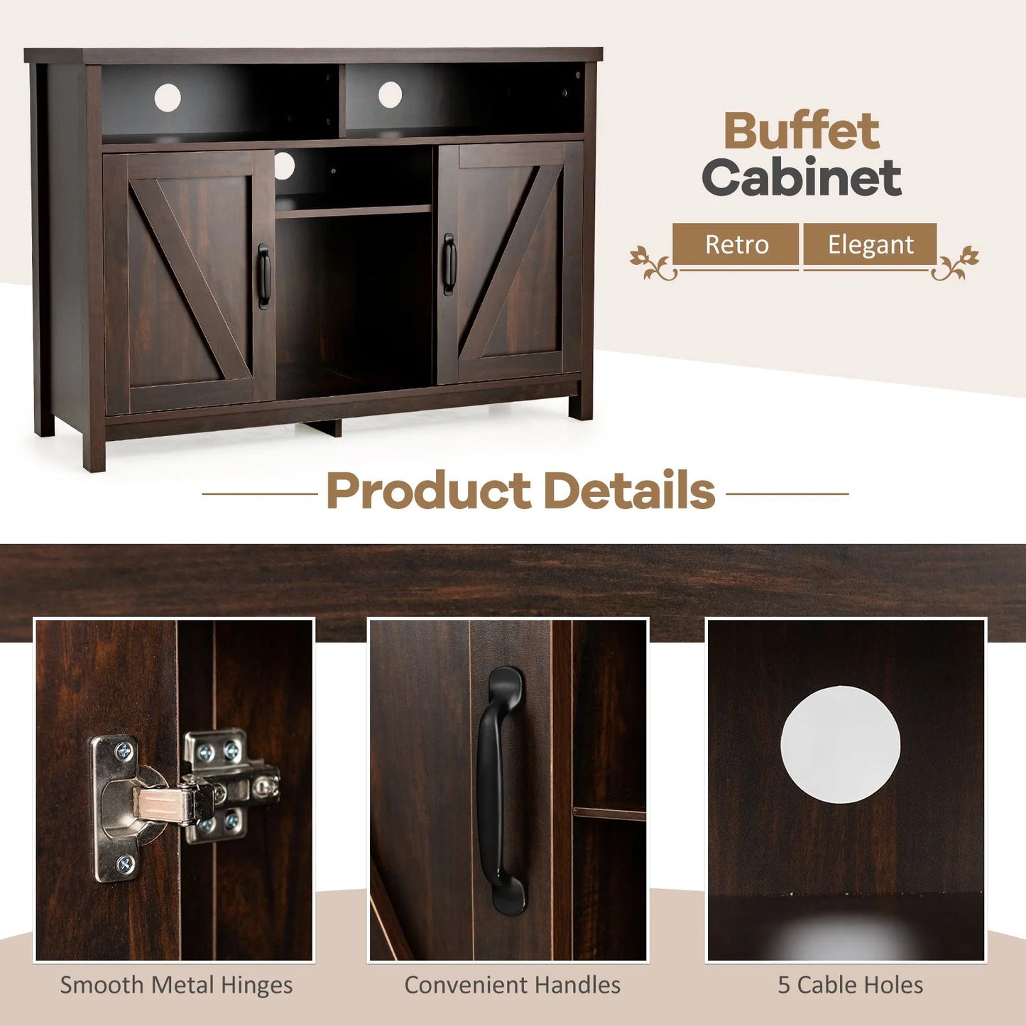 Buffet Storage Cabinet with Detachable 9-Bottle Wine Rack and 2 Door Cabinets