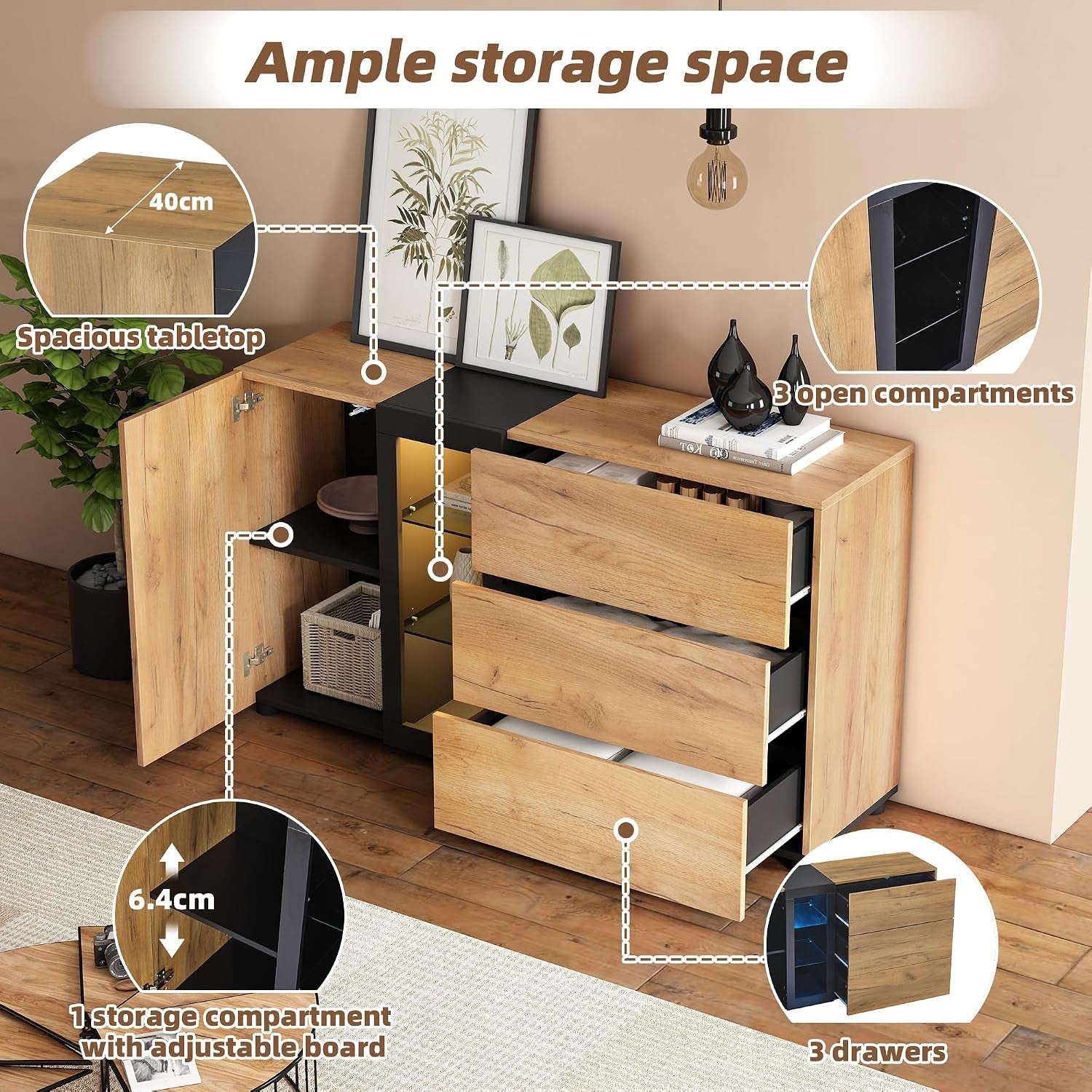 Chest of Drawers Bedroom with 3 Drawers, 1 Door, 1 Shelf Storage Cabinet, and 4 Open Compartments, Ample Storage Space, Functional Sideboards for Living Room, Black & Brown, 140X40X80Cm