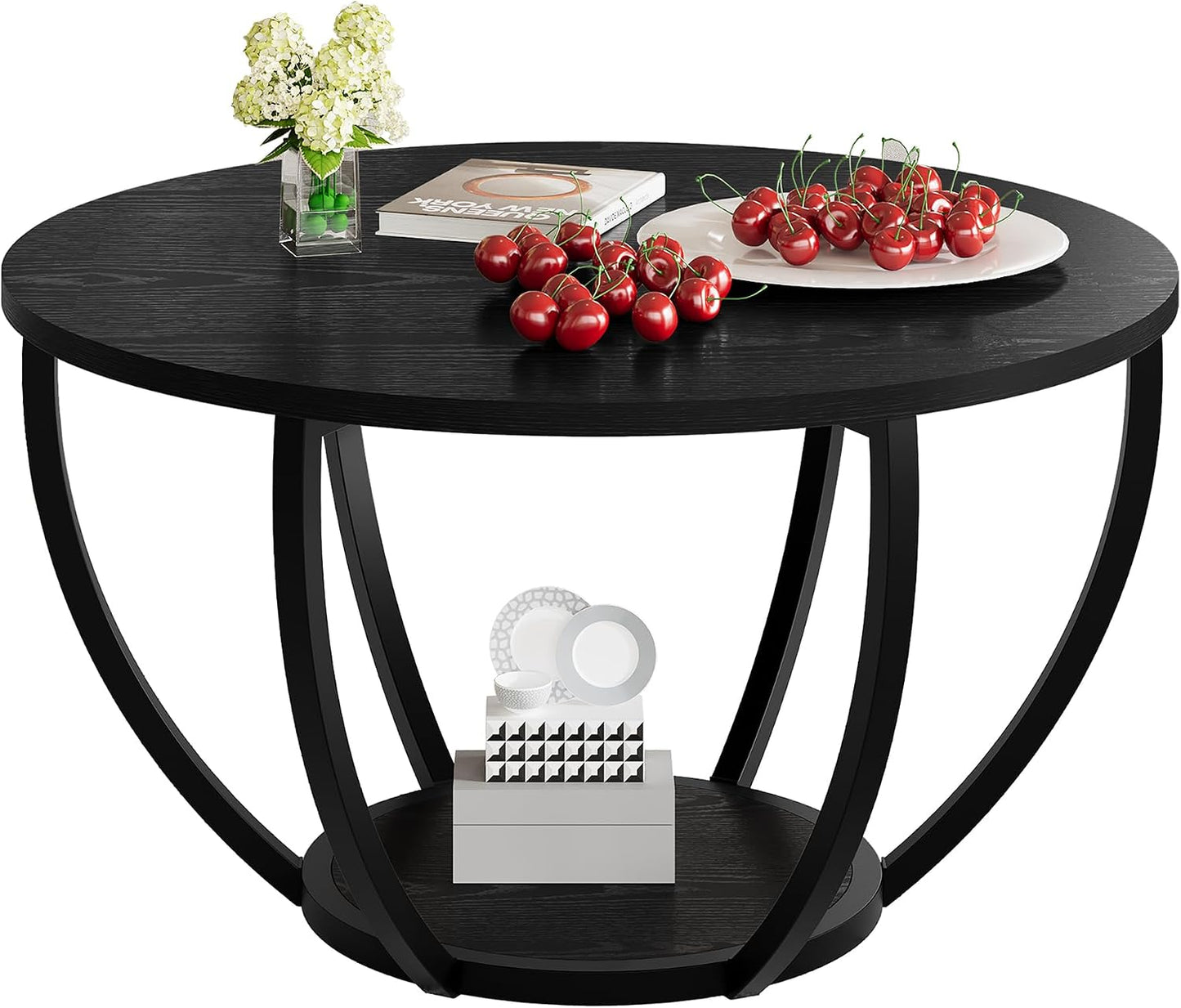 round Coffee Table,Accent Center Table for Living Room,Black | Black Coffee Table,Wooden 2-Tier Circle Coffee Tables with Storage Shelves,Sofa Table for Home Office,Easy Assembly