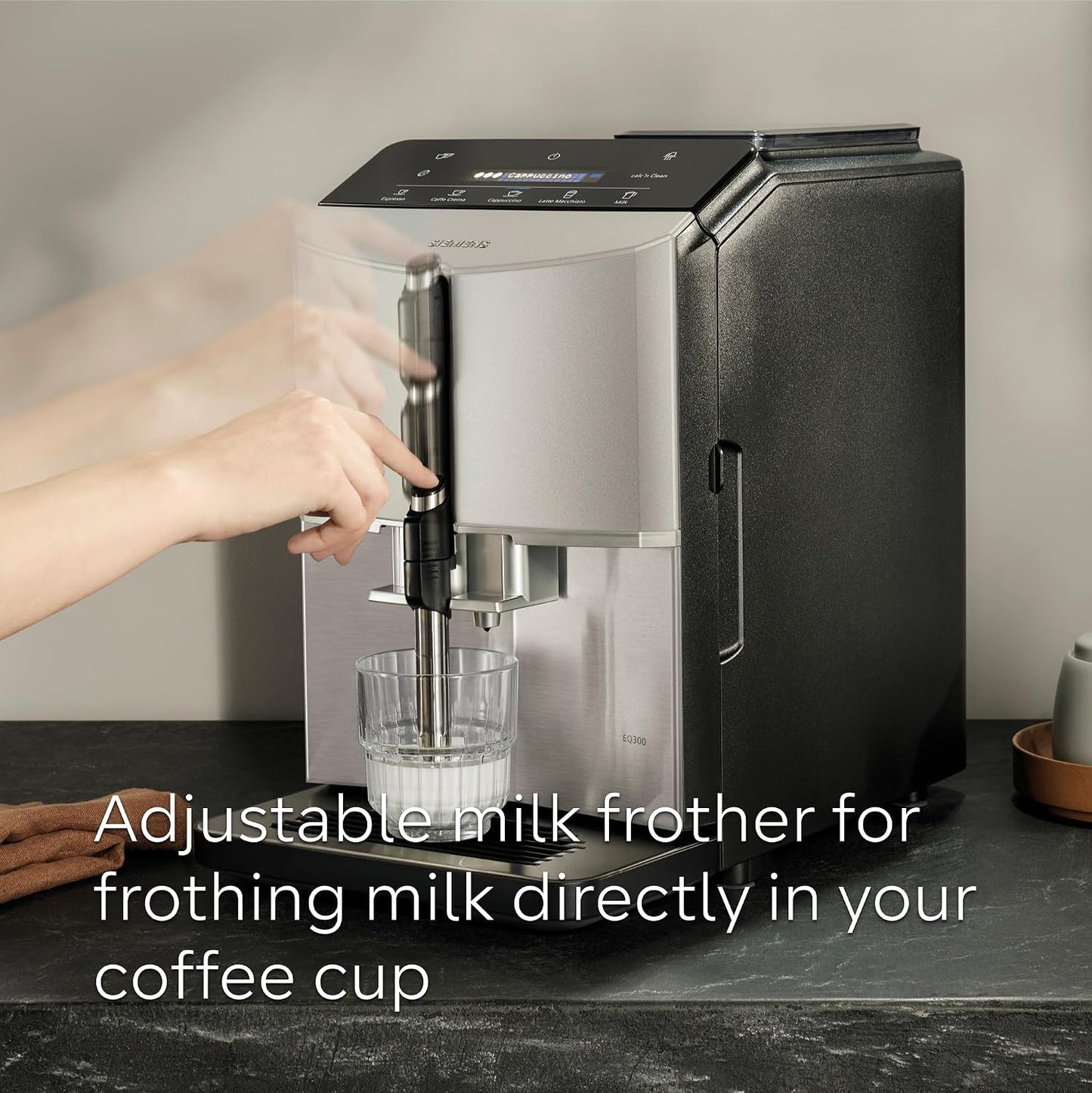 SIEMENS EQ300 Bean to Cup Coffee Machine, TF301G19, Piano Black | Fully Automatic Espresso Machine, Milk Frother Arm, 4 Coffee Beverages Including Cappuccino/Latte, LED Display