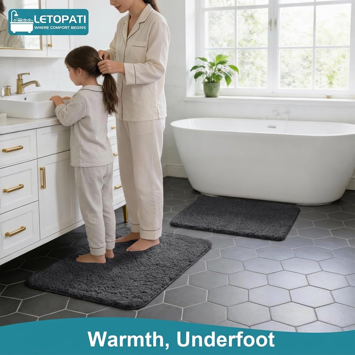 Bath Mat Sets 3 Piece, Non Slip Rubber Backing Bath Mats for Bathroom Floor, Extra Soft Microfiber Bathroom Mat and Toilet Mat, Absorbent Washable Bath Rug Sets, Dark Grey