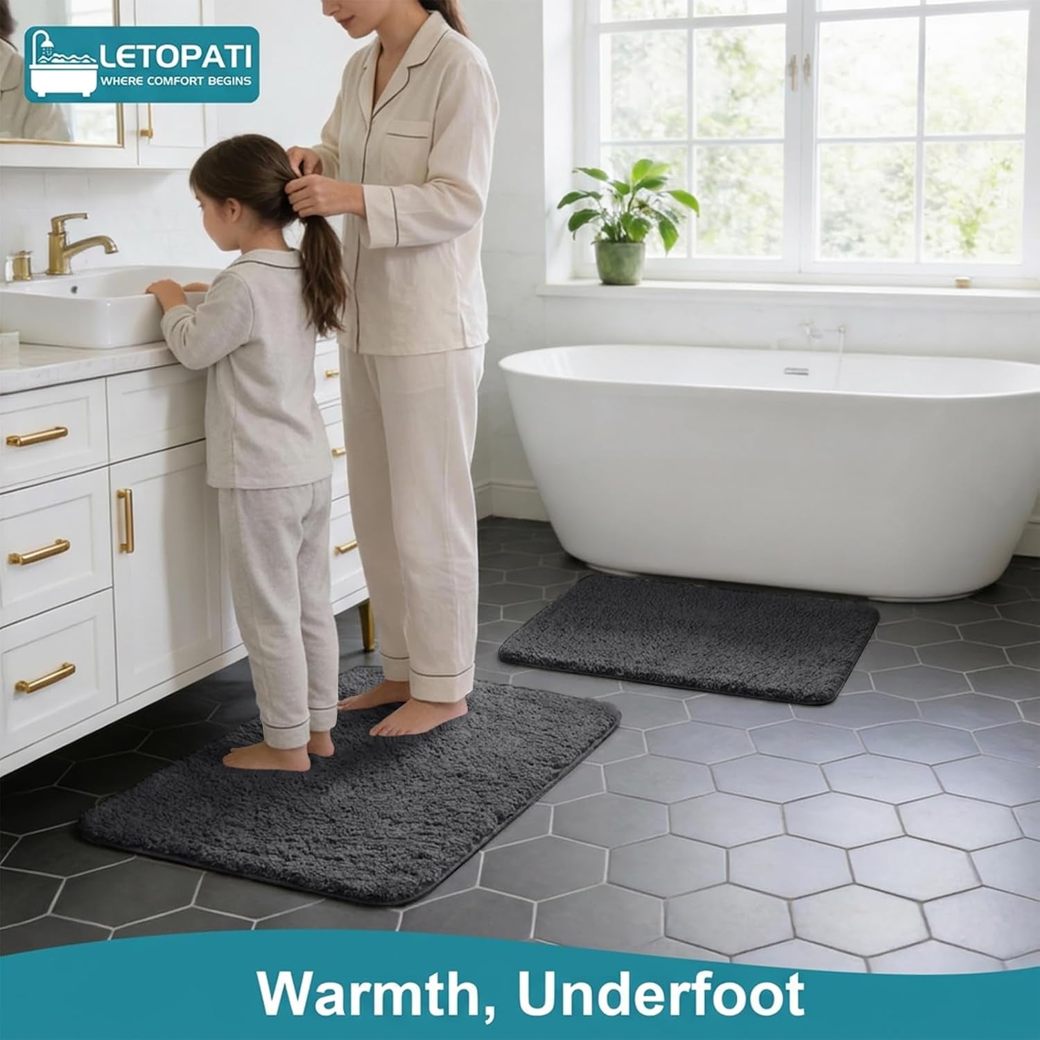 Bath Mat Sets 3 Piece, Non Slip Rubber Backing Bath Mats for Bathroom Floor, Extra Soft Microfiber Bathroom Mat and Toilet Mat, Absorbent Washable Bath Rug Sets, Dark Grey
