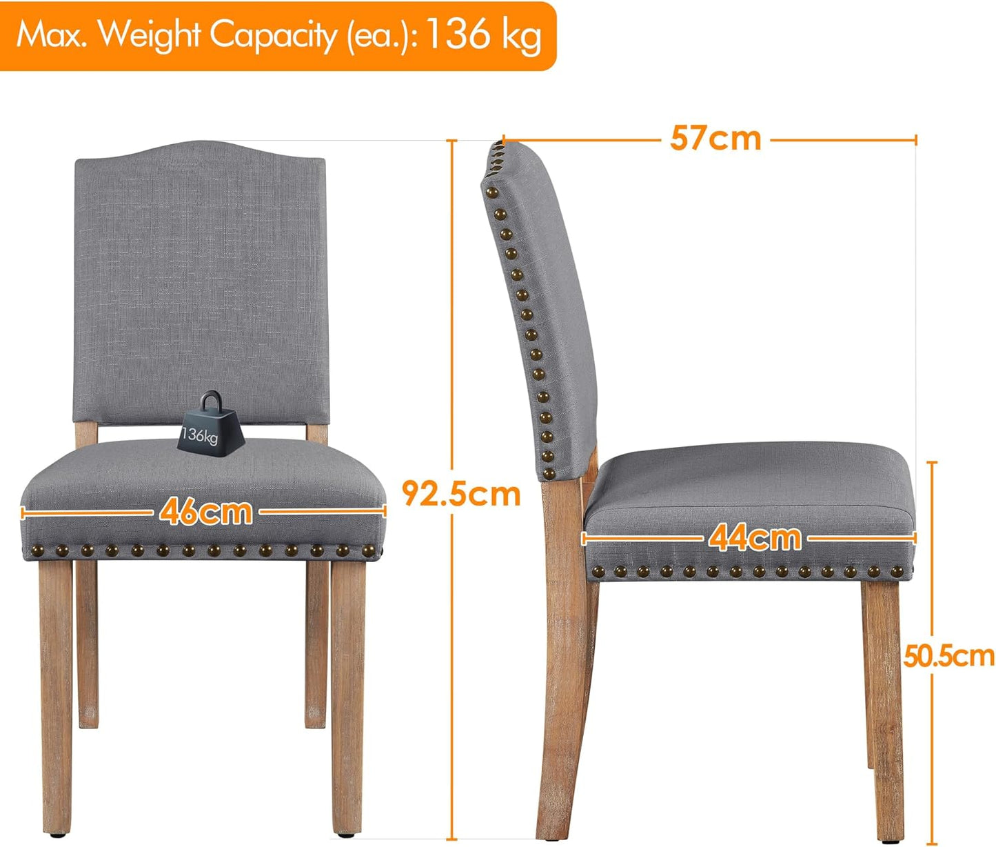 Fabric Dining Chairs Set of 6 Nailhead Trim Upholstered Dark Grey | Upholstered Armless Kitchen Chairs Padded Seat, Dining Room Chairs Side Chairs for Living Room Restaurants, Cafés, Hotels