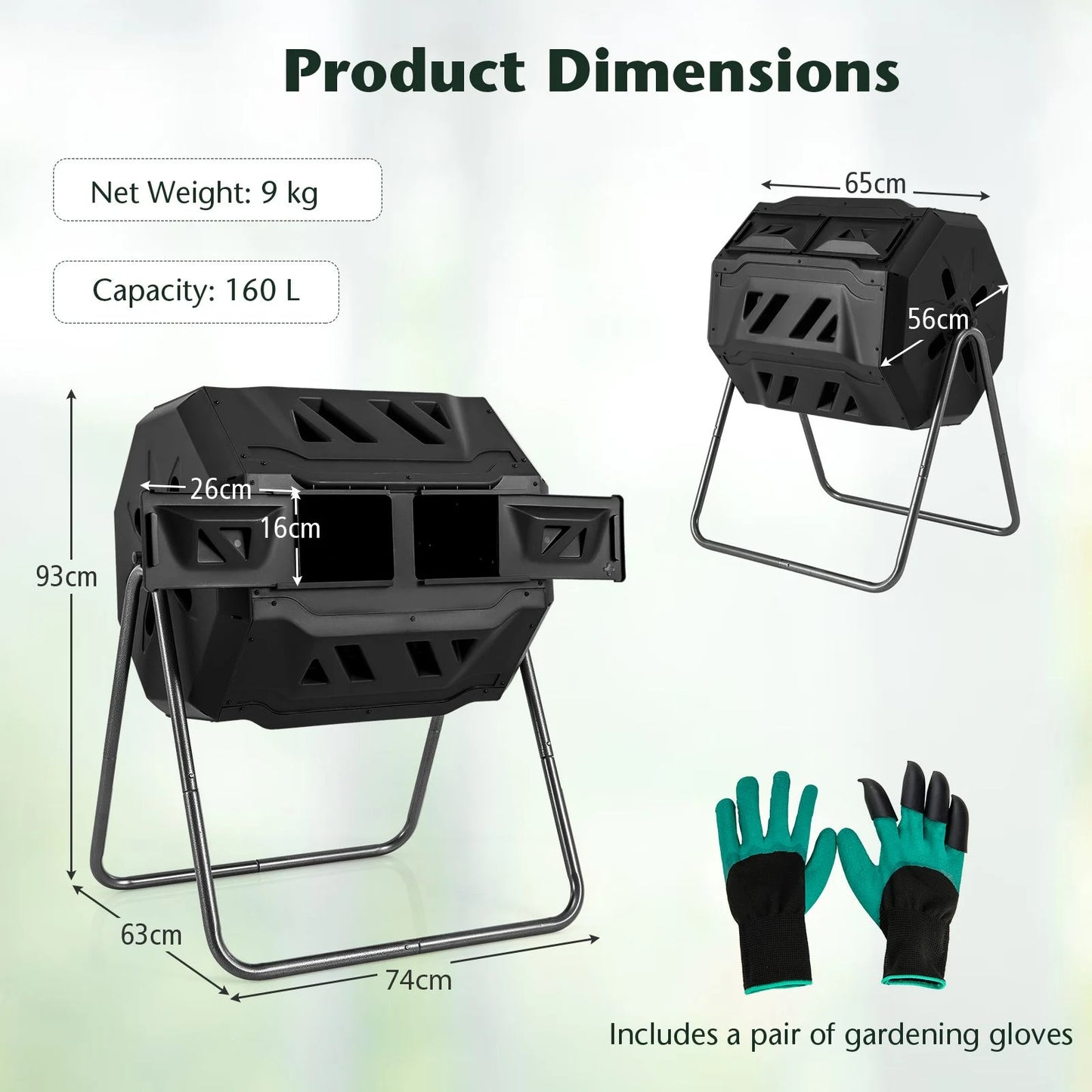 Compost Bin 160L Dual Chamber Composting Tumbler with Sliding Doors