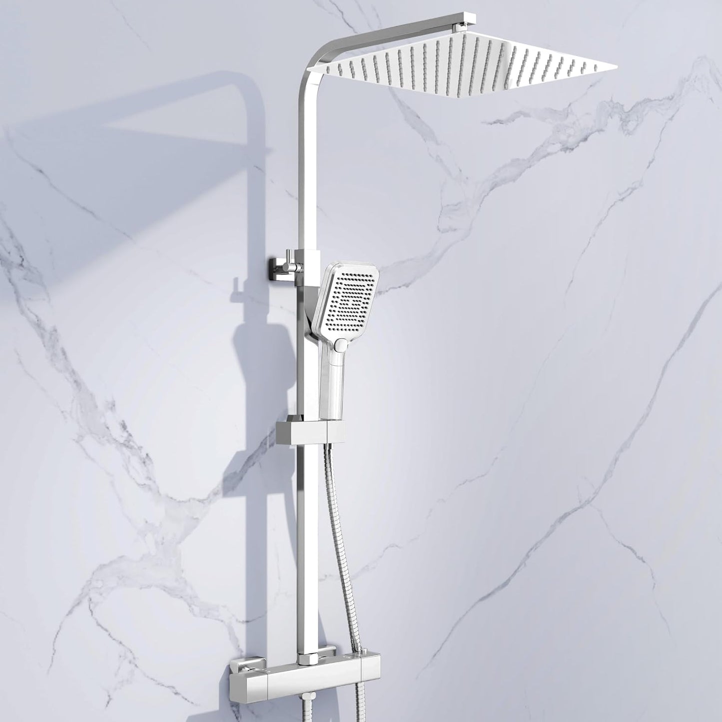 Simple Bathroom Thermostatic Shower Mixer Set with 12" Square Rainfall Shower Head(304 Stainless Steel), 3 Modes Handheld Shower, Anti-Leak Hose, Anti-Scald, Easy Install(Chrome)