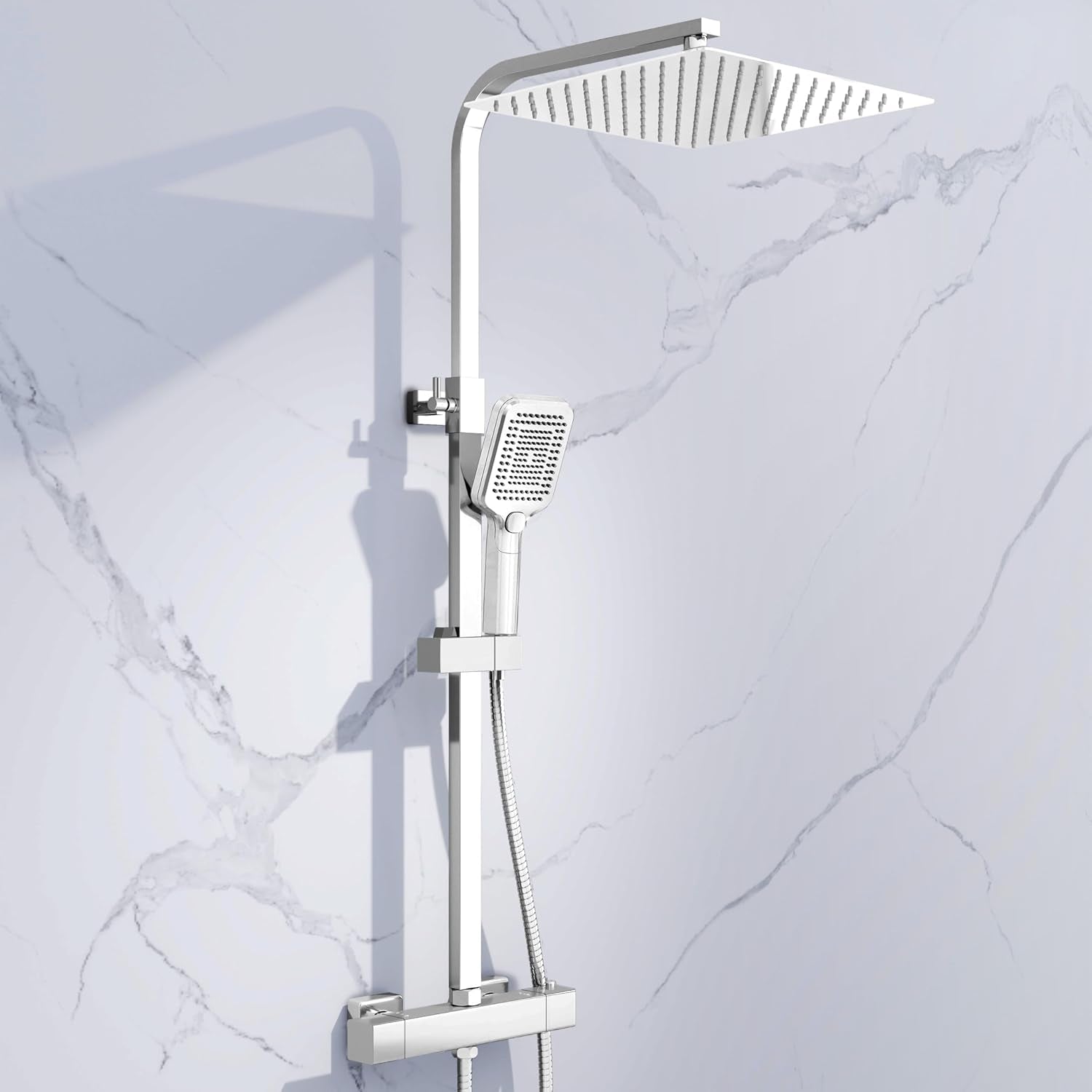 Simple Bathroom Thermostatic Shower Mixer Set with 12" Square Rainfall Shower Head(304 Stainless Steel), 3 Modes Handheld Shower, Anti-Leak Hose, Anti-Scald, Easy Install(Chrome)