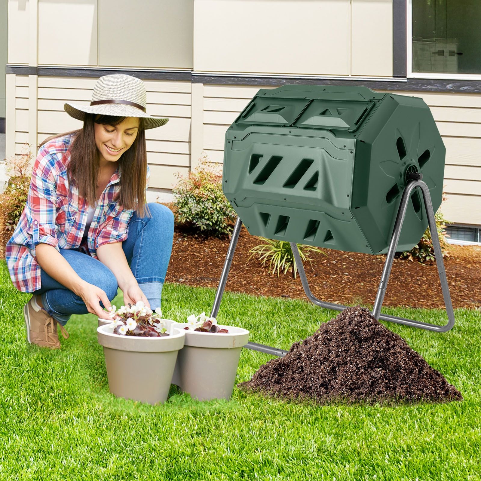 Compost Bin 160L Dual Chamber Composting Tumbler with Sliding Doors