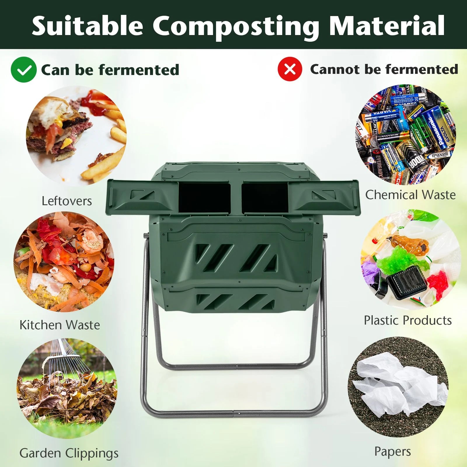 Compost Bin 160L Dual Chamber Composting Tumbler with Sliding Doors