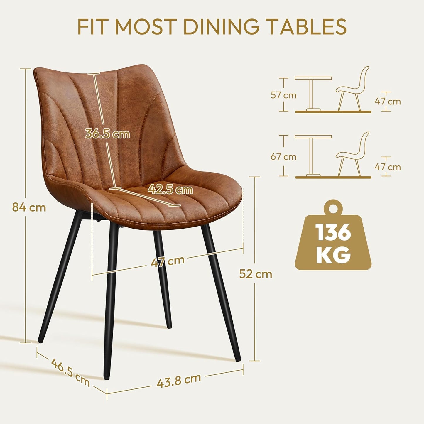 Set of 2 Modern Upholstered Dining Chairs with Metal Legs, Armless Side Chairs for Kitchen Dining Room Living Room, Kitchen Chairs with Backrest Brown | Comfortable Padded Seat | Modern Retro Design | PU Leather Upholstery | Metal Legs | for Kitchen Dining Room