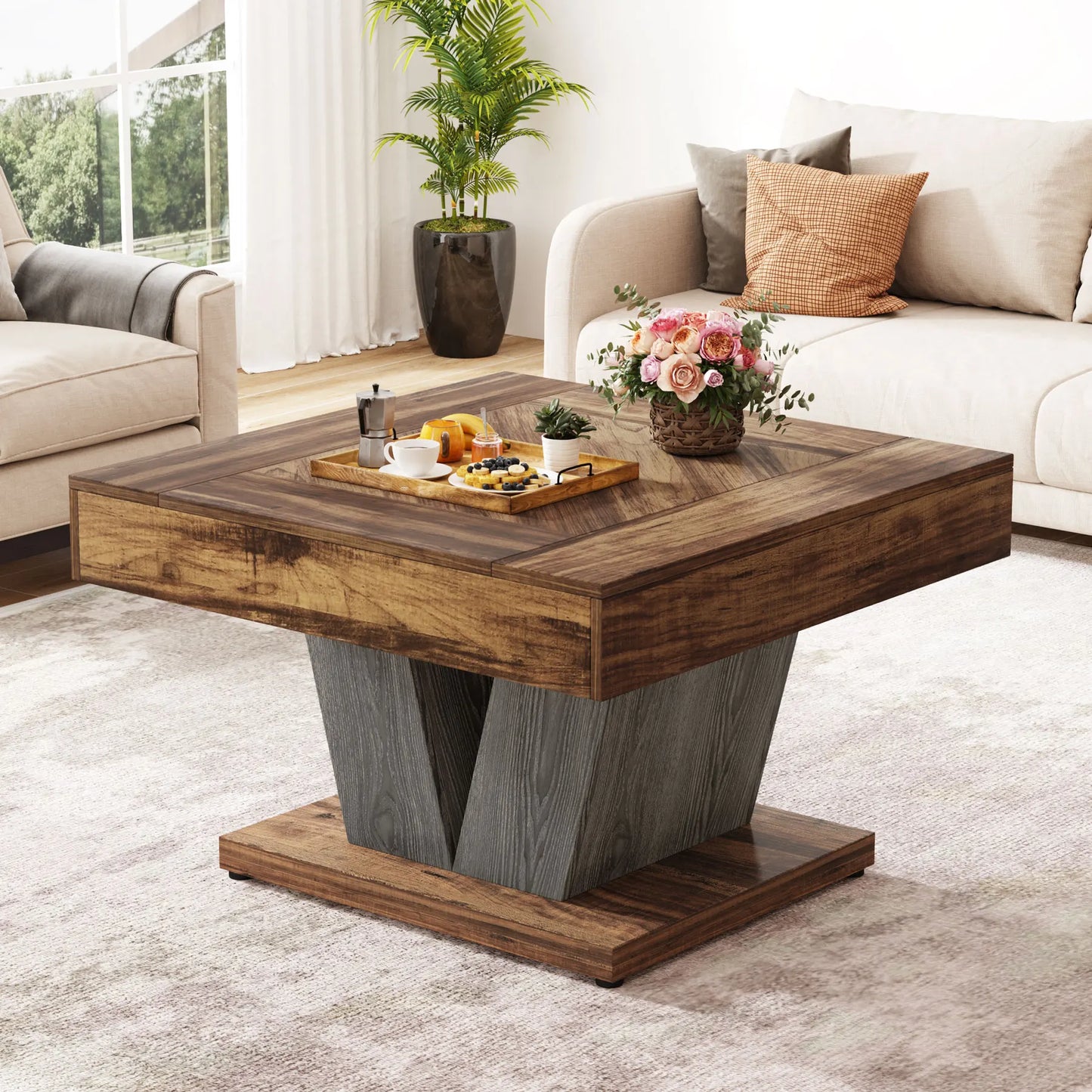 80Cm Square Coffee Table in Rustic Brown & Black - Modern Wooden Centre Table for Living Room