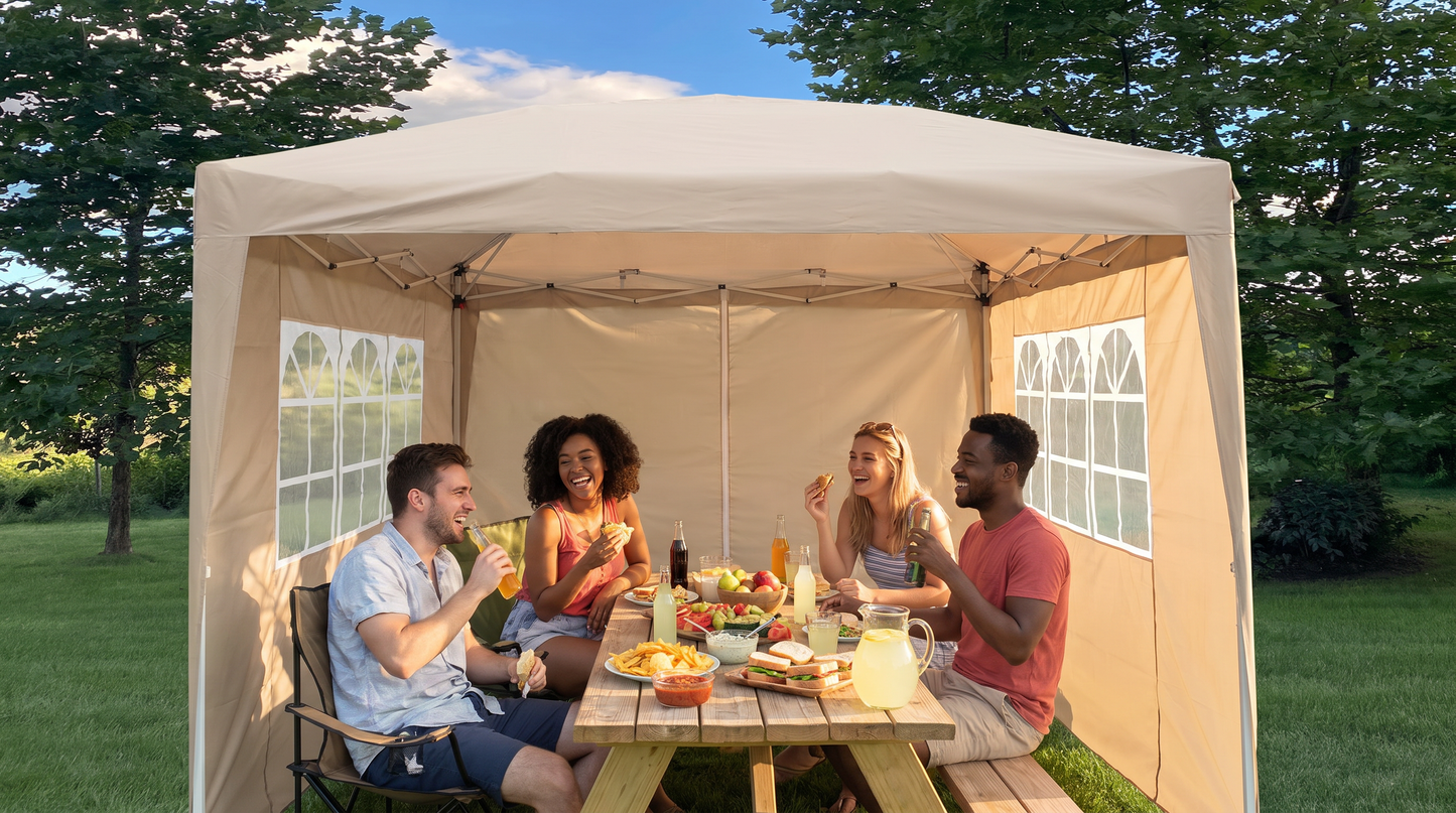 3x3m Pop Up Gazebo – Beige Outdoor Marquee with Sidewalls & Carry Bag