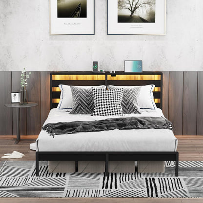 King Metal Bed Frame with LED Lights, USB Charging & Storage Headboard