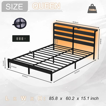 King Metal Bed Frame with LED Lights, USB Charging & Storage Headboard