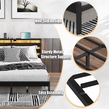 King Metal Bed Frame with LED Lights, USB Charging & Storage Headboard