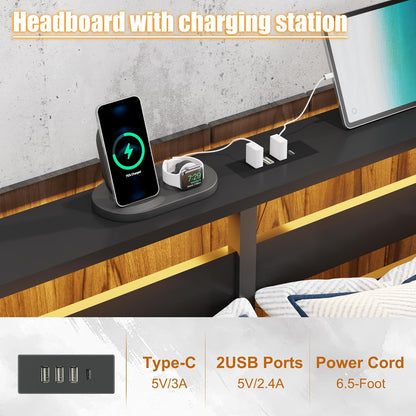 King Metal Bed Frame with LED Lights, USB Charging & Storage Headboard