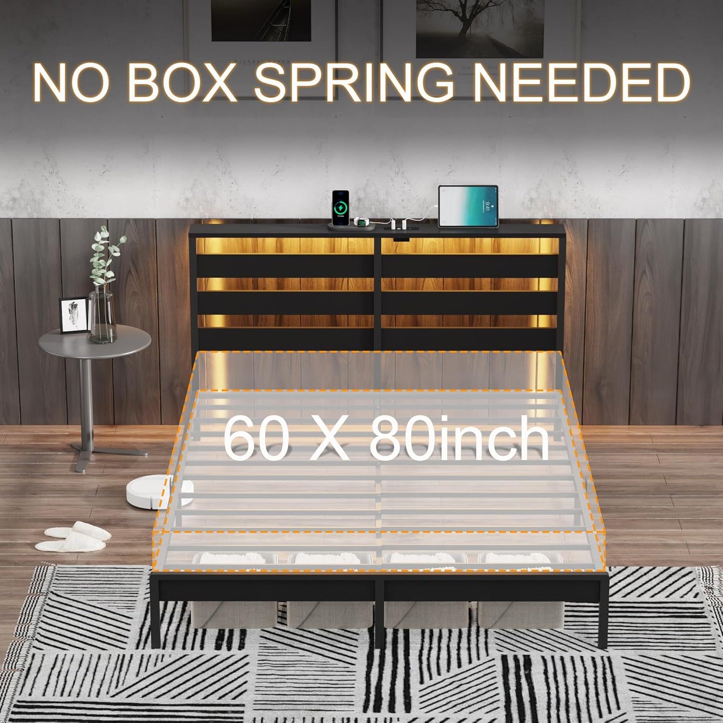 King Metal Bed Frame with LED Lights, USB Charging & Storage Headboard