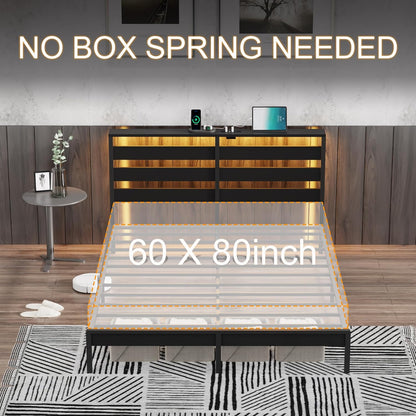 King Metal Bed Frame with LED Lights, USB Charging & Storage Headboard