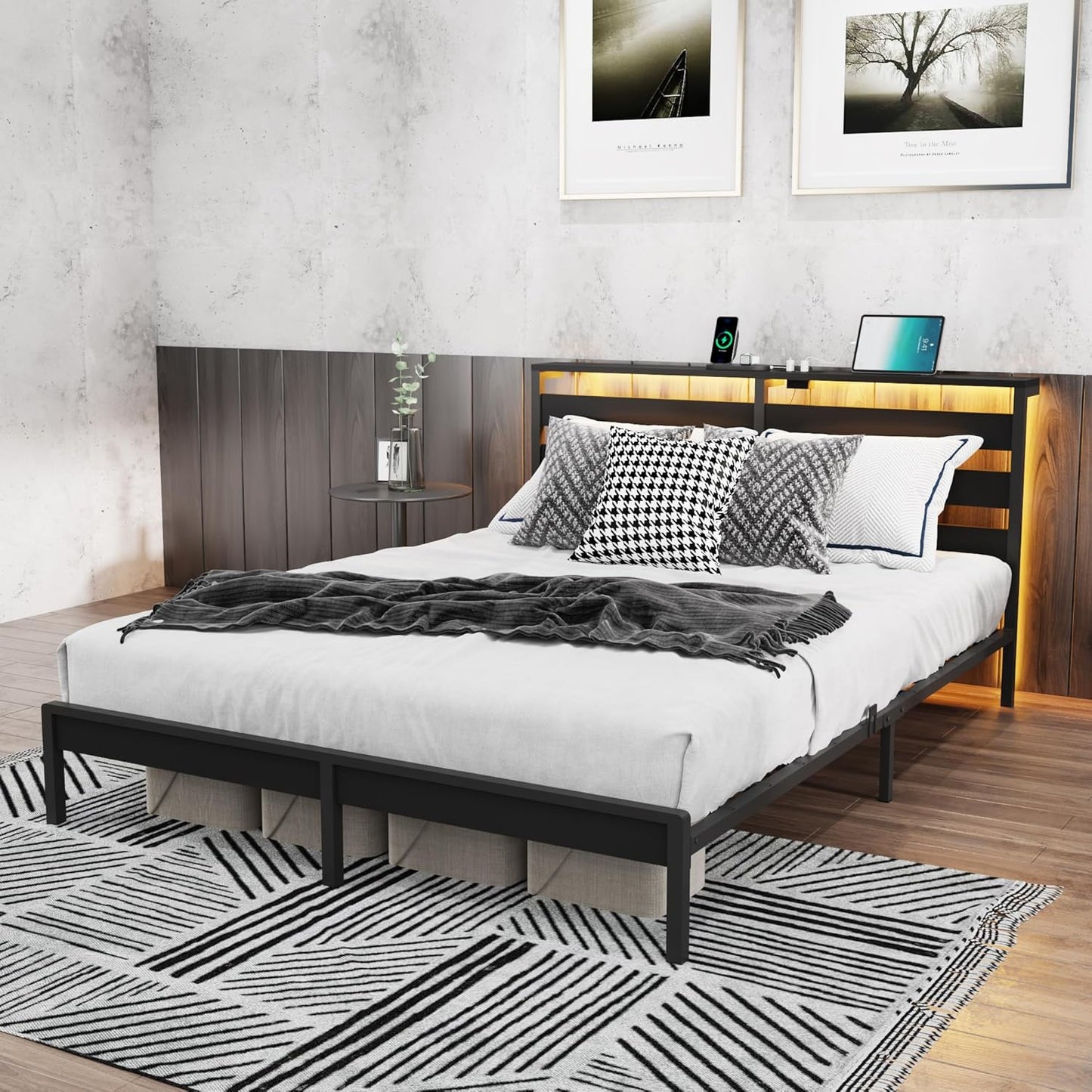 King Metal Bed Frame with LED Lights, USB Charging & Storage Headboard