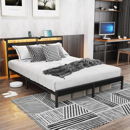 King Metal Bed Frame with LED Lights, USB Charging & Storage Headboard